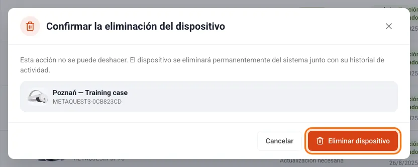 Confirmación antes de eliminar un dispositivo