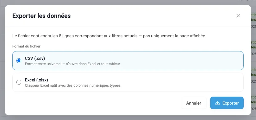 Fenêtre d’export de la liste des appareils