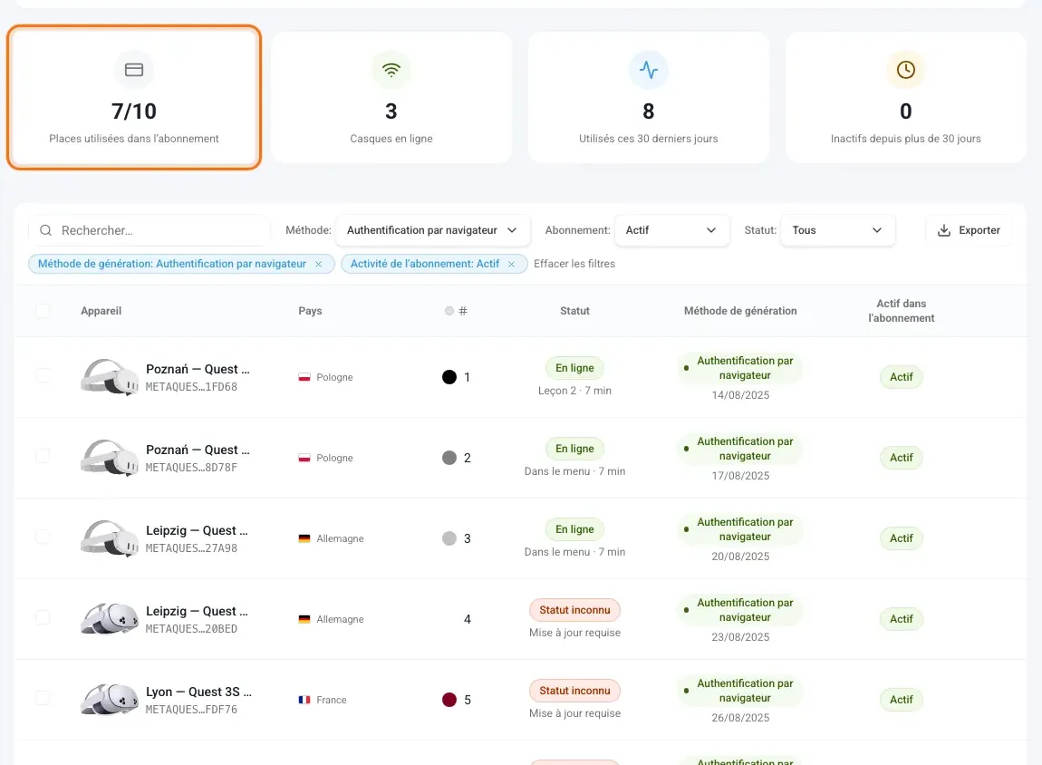Liste des appareils avec la tuile des places d’abonnement mise en évidence
