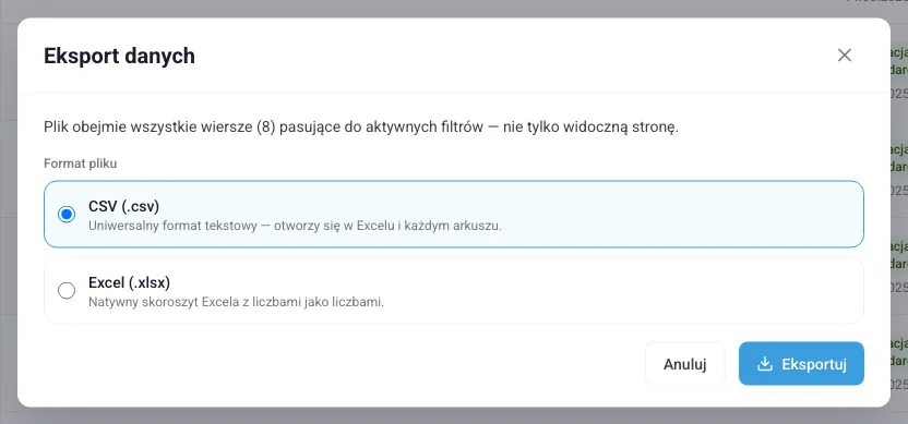 Okno eksportu listy urządzeń