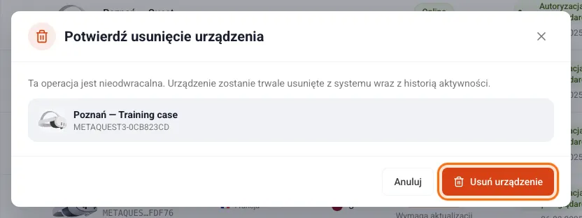 Potwierdzenie przed usunięciem urządzenia