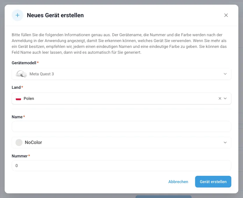 Formular für ein neues Gerät