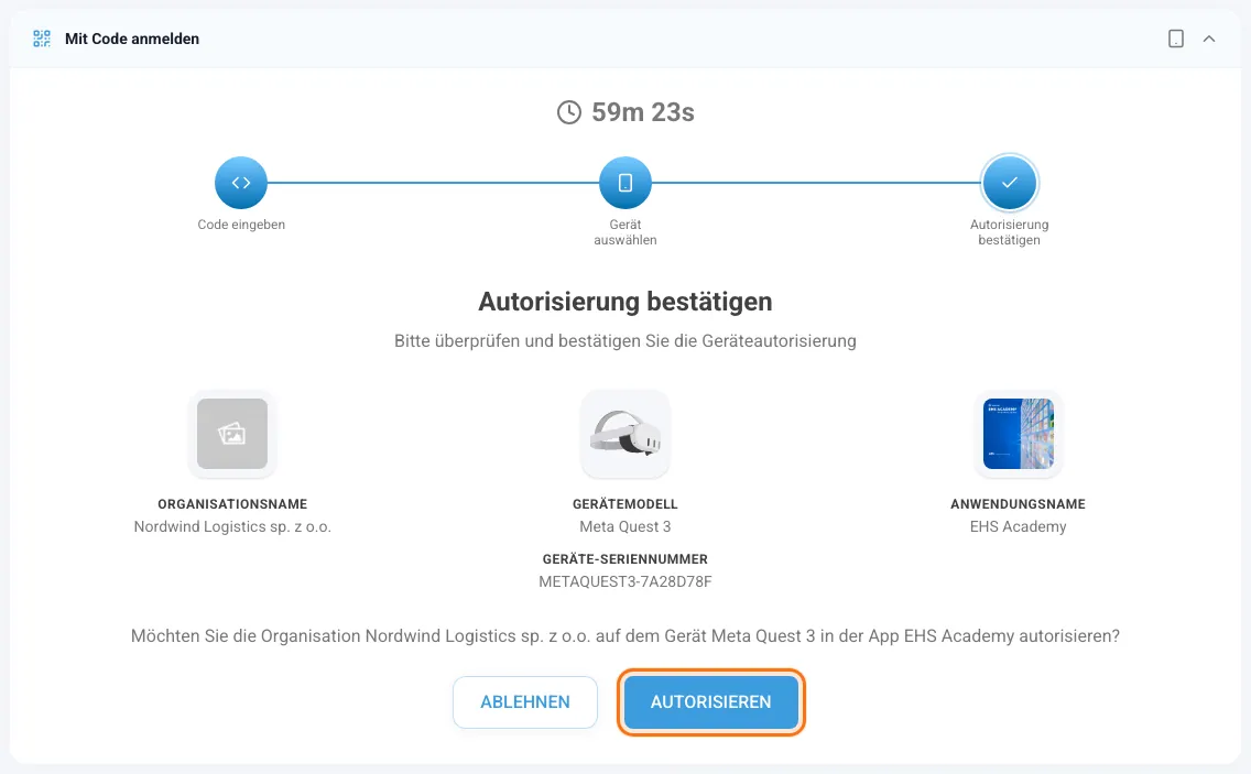 Bestätigungsschritt mit den Schaltflächen Autorisieren und Ablehnen