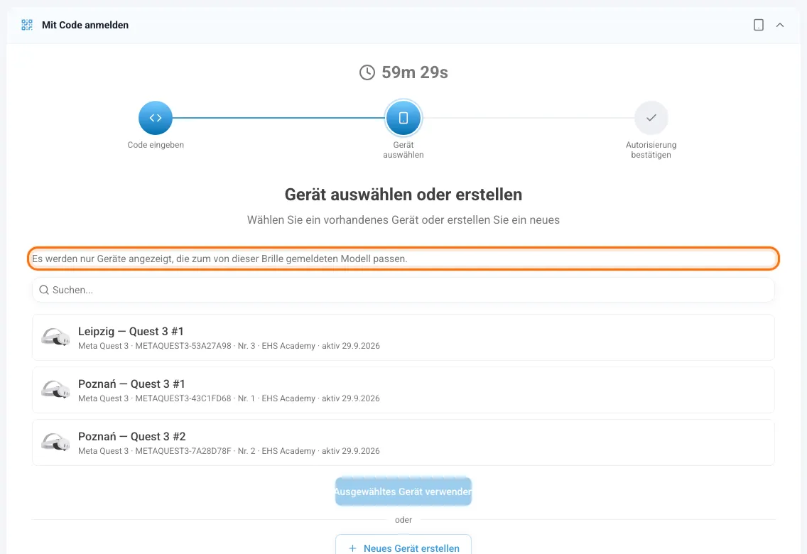 Vorhandenes Gerät auswählen oder neues erstellen