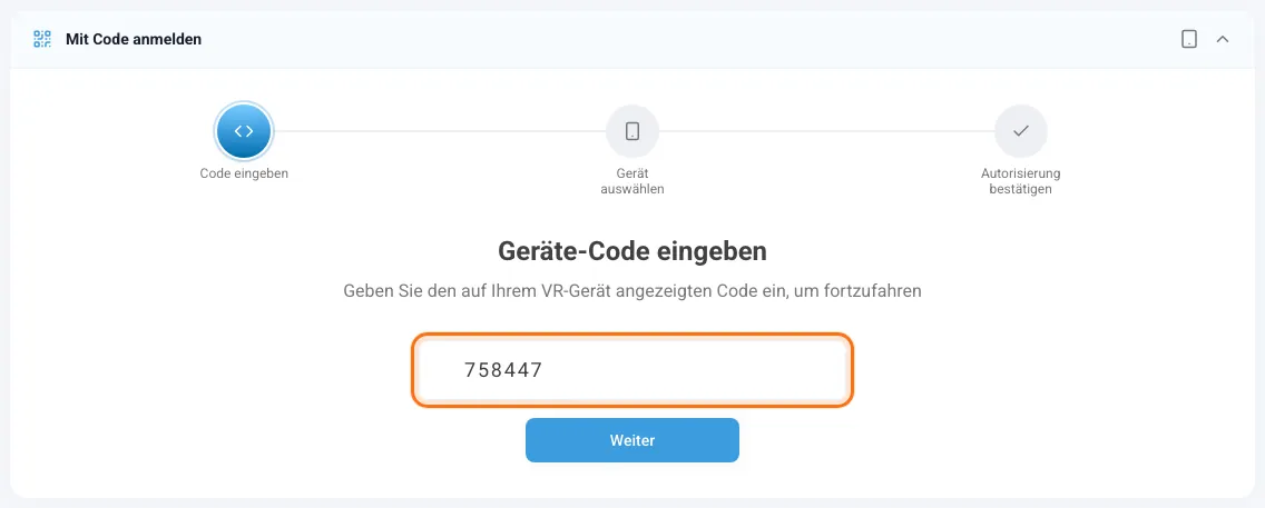 Bereich Mit Code anmelden mit eingegebenem Code