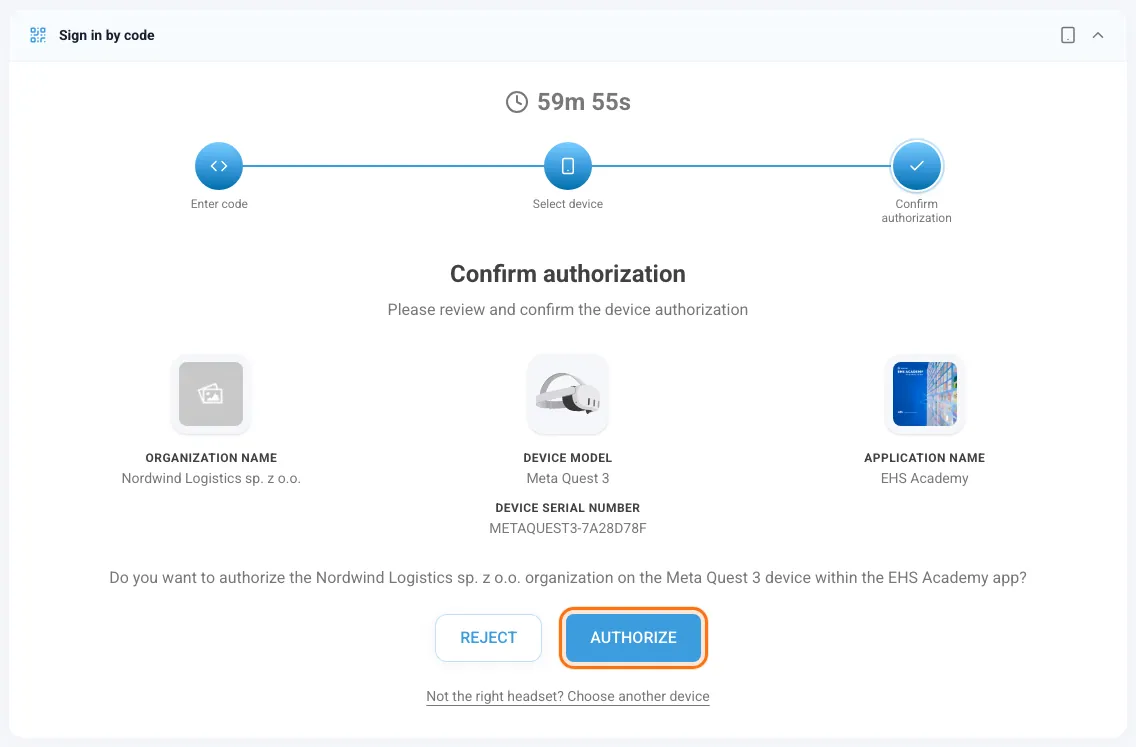 Confirmation step with the Authorize and Reject buttons