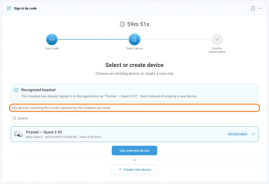 Choosing an existing device or creating a new one