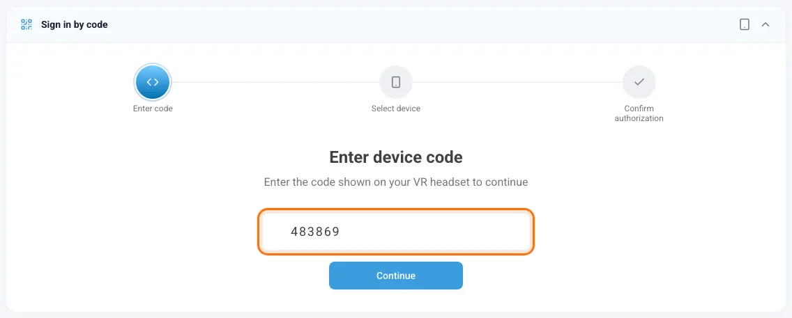 The Sign in by code panel with a code typed in