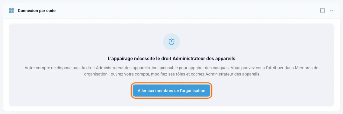 Message indiquant que l’association nécessite le droit Administrateur des appareils
