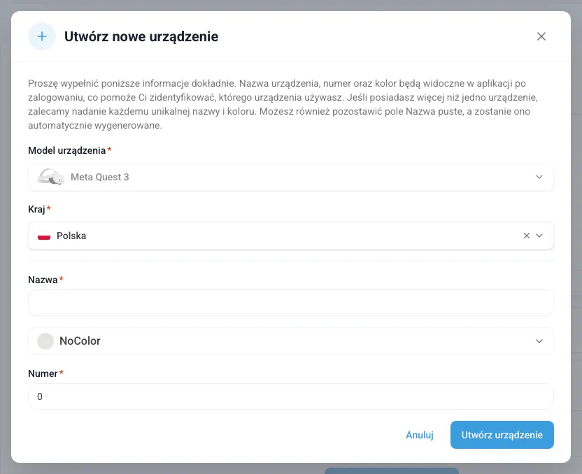 Formularz nowego urządzenia