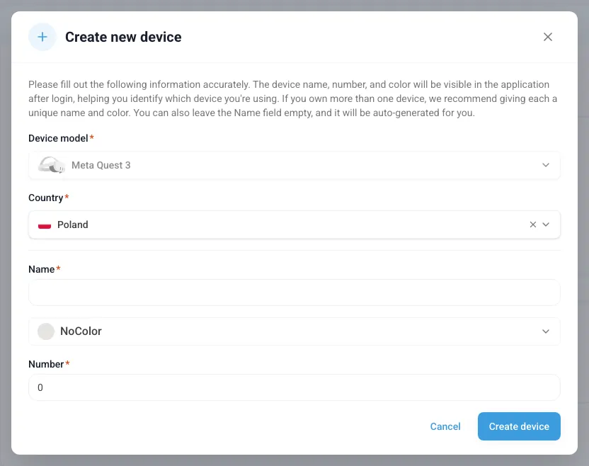 Form for a new device