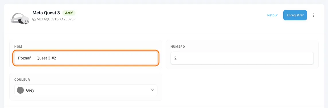 Détails de l’appareil en mode modification