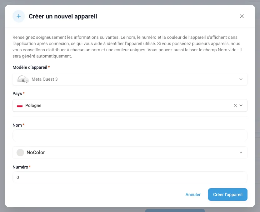 Formulaire d’un nouvel appareil