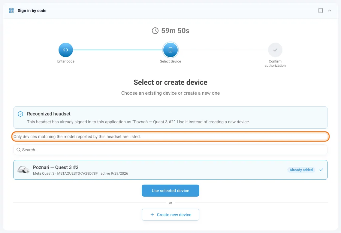 Device choice showing only devices of the headset's model