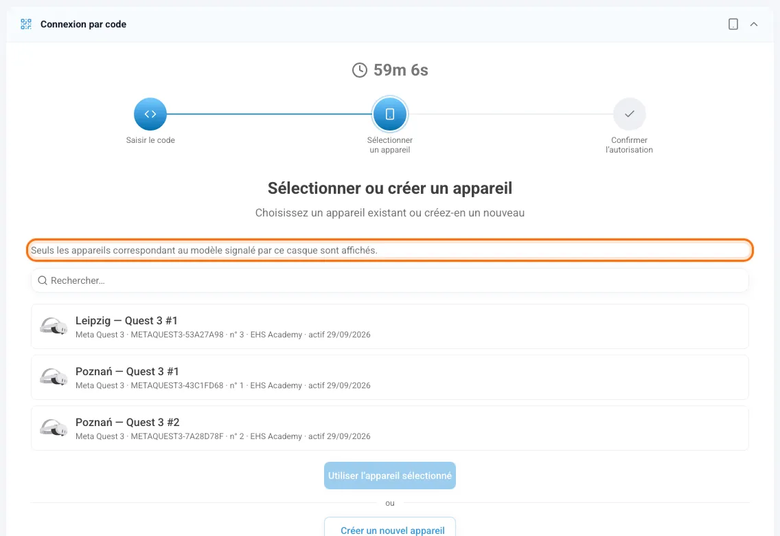 Choix de l’appareil limité aux appareils du modèle du casque