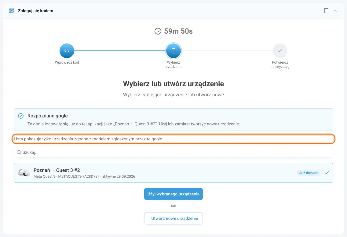 Wybór urządzenia pokazujący tylko urządzenia modelu gogli