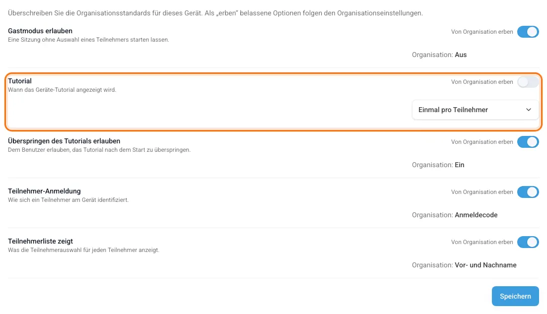 Registerkarte Einstellungen eines Geräts: Tutorial überschrieben, die übrigen Optionen geerbt