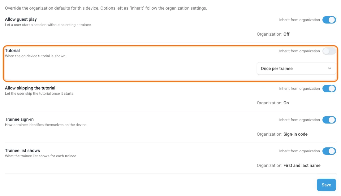 Settings tab of a device: the tutorial overridden, the other options inherited