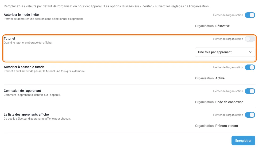Onglet Paramètres d’un appareil : tutoriel redéfini, les autres options héritées