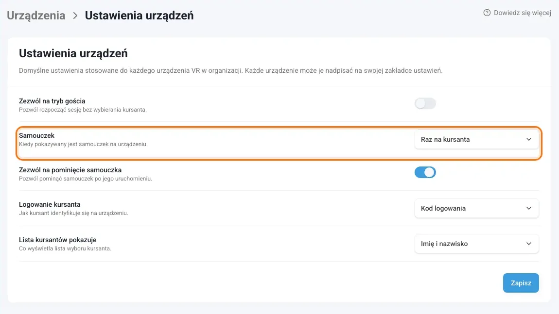 Ustawienia urządzeń dla całej organizacji