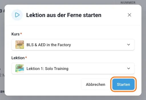 Lektion aus der Ferne starten: Kurs und Lektion ausgewählt