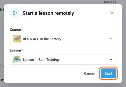 Start a lesson remotely: course and lesson selected