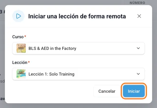 Iniciar una lección de forma remota: curso y lección seleccionados