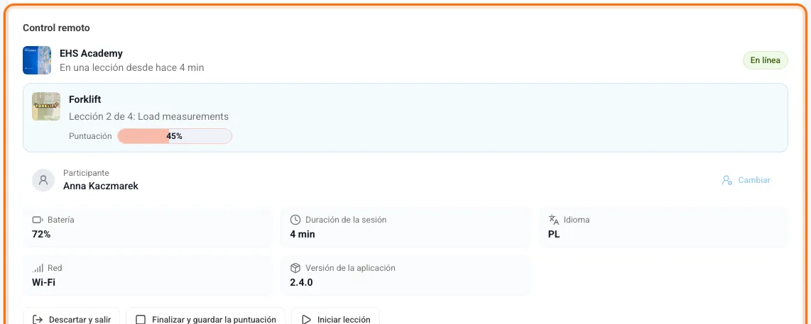 Sección Control remoto de un visor que está en una lección