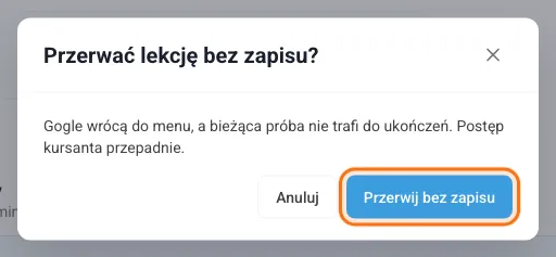 Potwierdzenie przed przerwaniem lekcji bez zapisu