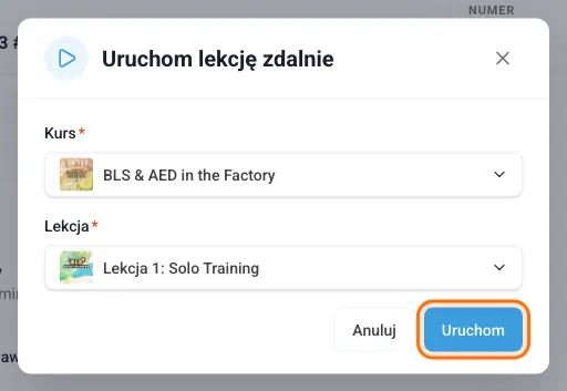 Uruchamianie lekcji zdalnie: wybrany kurs i lekcja