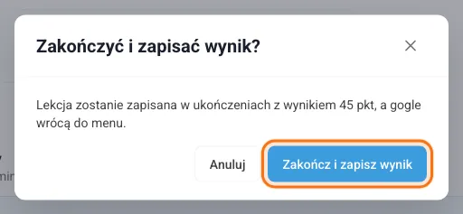 Potwierdzenie przed zakończeniem lekcji z bieżącym wynikiem