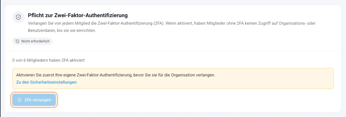 Karte Pflicht zur Zwei-Faktor-Authentifizierung mit der Mitgliederzahl und der Schaltfläche 2FA verlangen