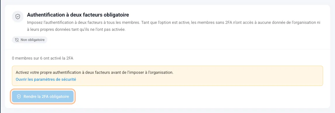 Carte Authentification à deux facteurs obligatoire avec le nombre de membres et le bouton Rendre la 2FA obligatoire