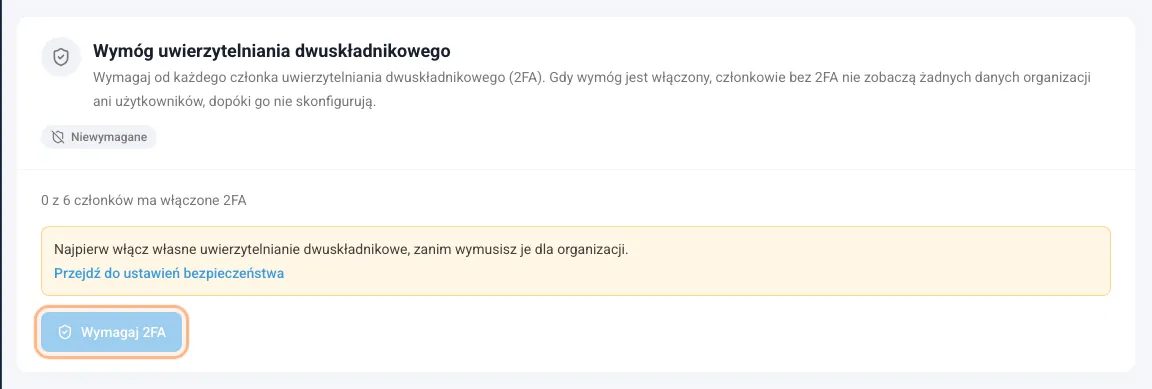 Karta wymogu uwierzytelniania dwuskładnikowego z liczbą członków i przyciskiem Wymagaj 2FA