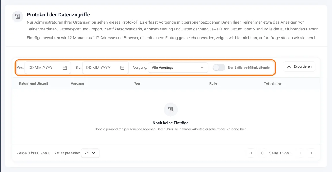 Protokoll der Datenzugriffe mit Filtern für Datum, Vorgang und Mitarbeitende