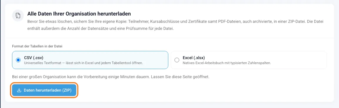 Karte Alle Daten Ihrer Organisation herunterladen mit der Formatauswahl und der Schaltfläche Daten herunterladen (ZIP)