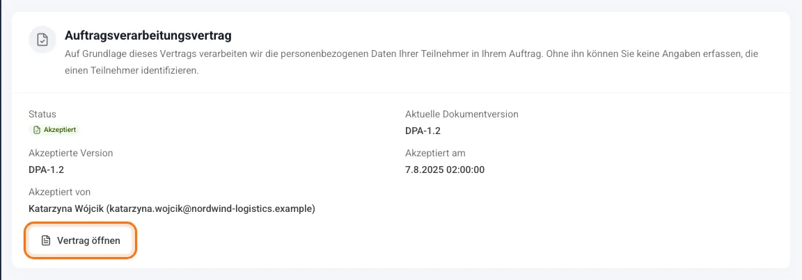 Karte Auftragsverarbeitungsvertrag mit Status, Version und wer ihn akzeptiert hat