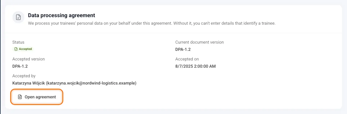 Data processing agreement card with the status, version and who accepted it