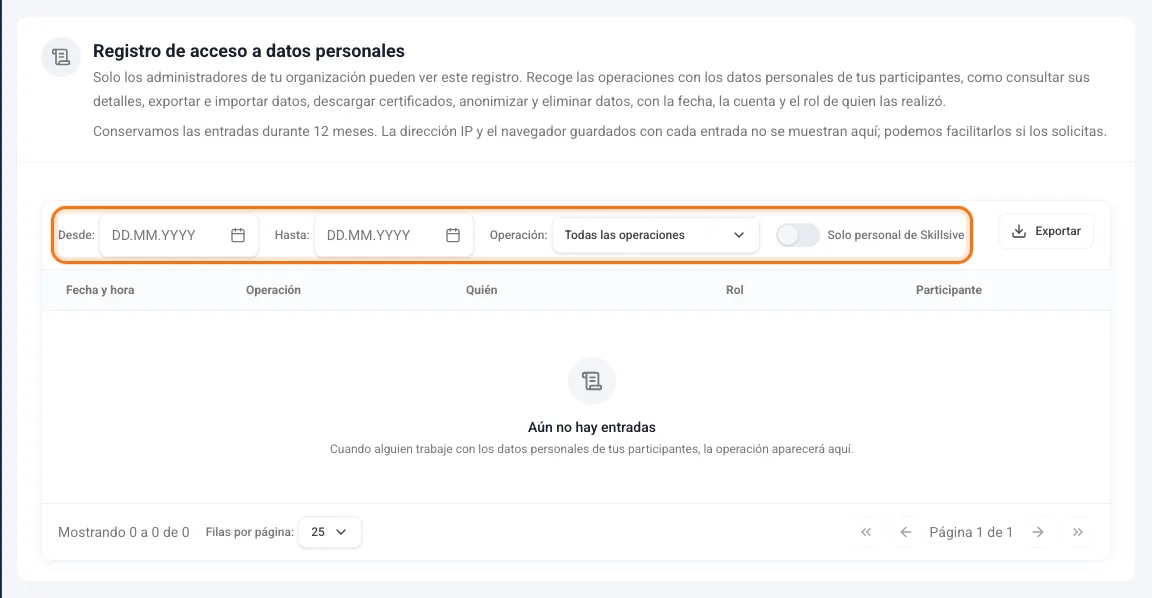 Registro de acceso a datos personales con los filtros de fecha, operación y personal