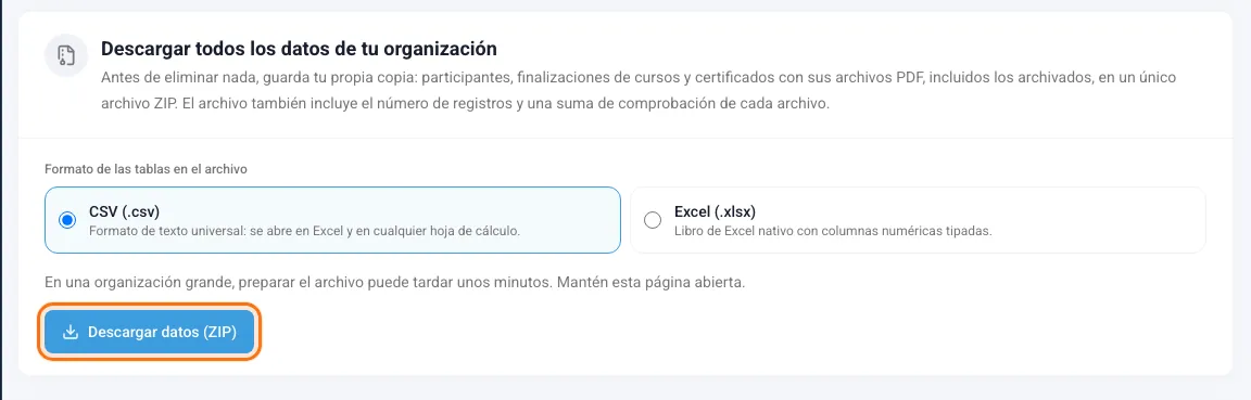 Tarjeta Descargar todos los datos de tu organización con la elección del formato y el botón Descargar datos (ZIP)