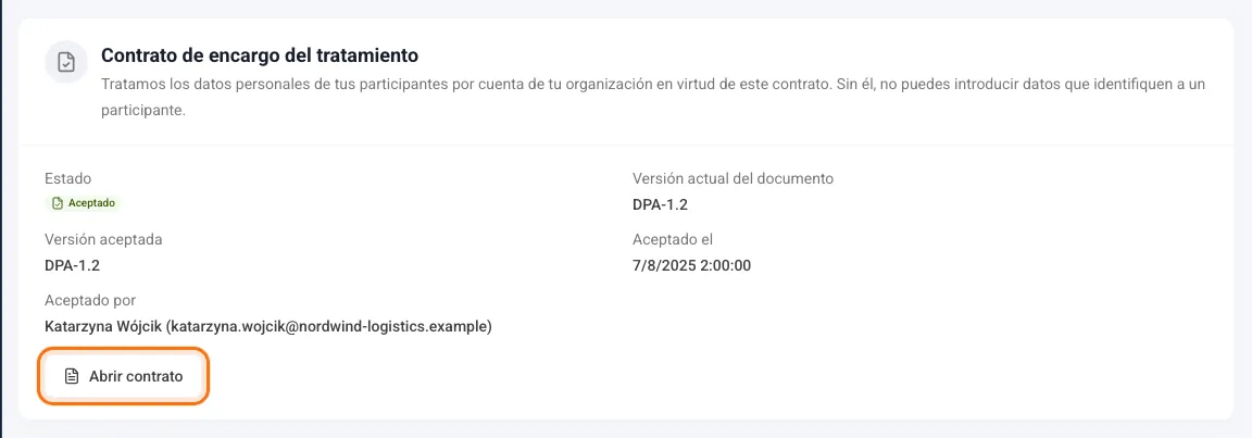 Tarjeta Contrato de encargo del tratamiento con el estado, la versión y quién lo aceptó