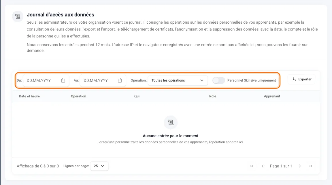 Journal d’accès aux données avec les filtres de date, d’opération et de personnel