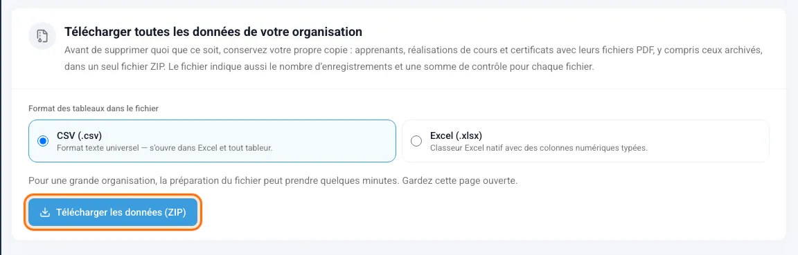 Carte Télécharger toutes les données de votre organisation avec le choix du format et le bouton Télécharger les données (ZIP)