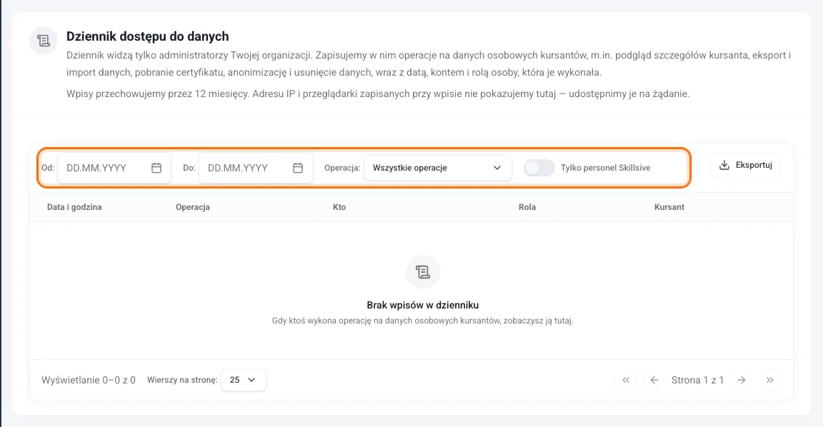 Dziennik dostępu do danych z filtrami dat, operacji i personelu