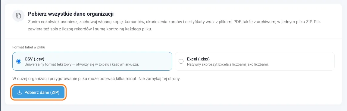 Karta Pobierz wszystkie dane organizacji z wyborem formatu i przyciskiem Pobierz dane (ZIP)