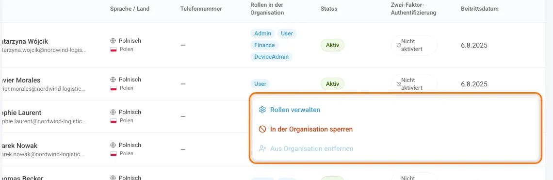 Zeilenmenü mit Rollen verwalten und In der Organisation sperren