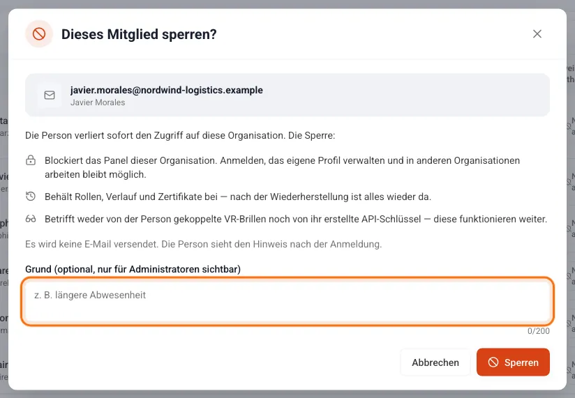 Fenster Dieses Mitglied sperren? mit den Folgen und einem Feld für den Grund