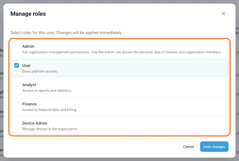 Manage roles window with the list of roles