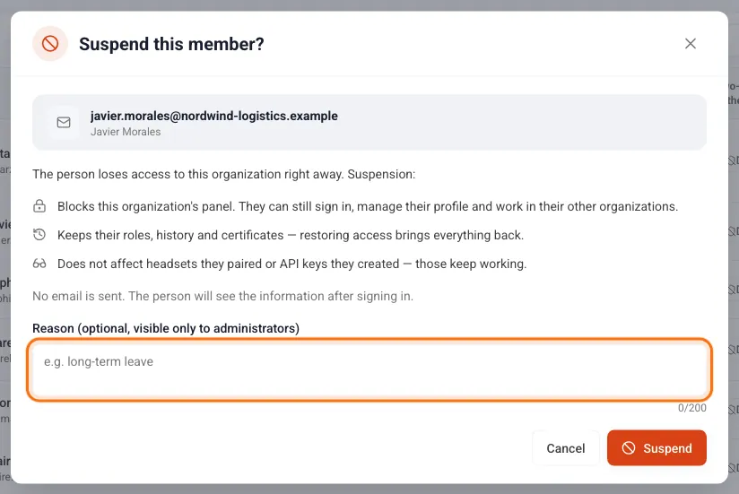 Suspend this member window with the consequences and a reason field