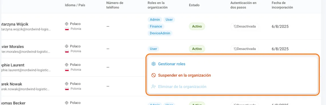 Menú de la fila con Gestionar roles y Suspender en la organización